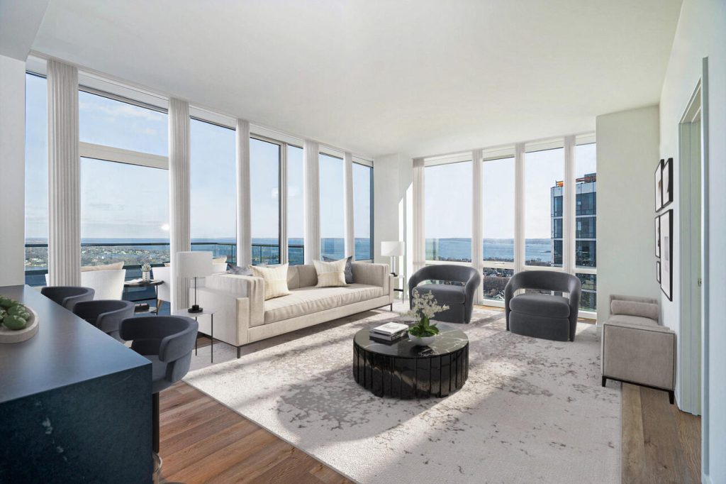 Living room in one of One Clinton Park's penthouses in New Rochelle, NY